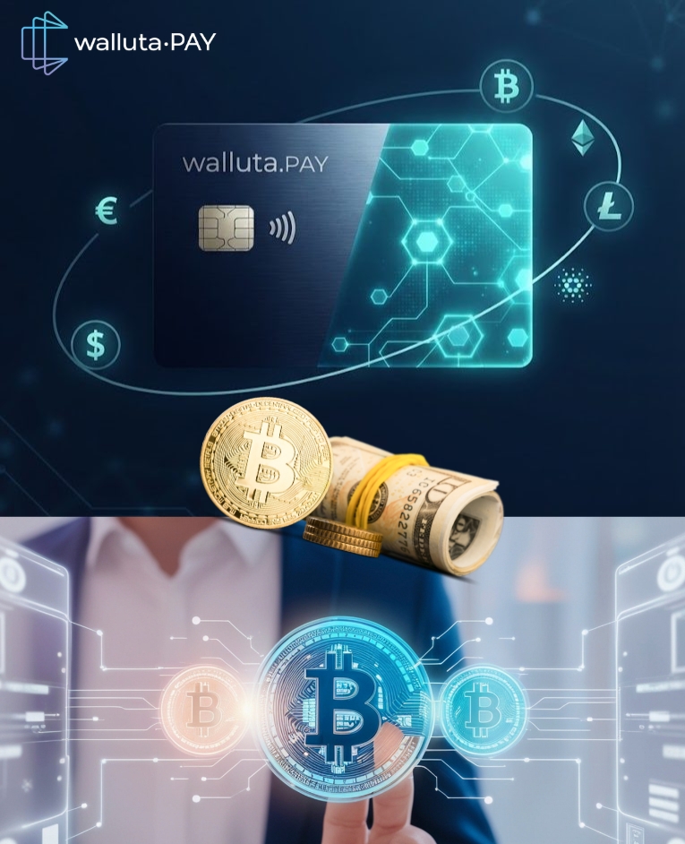 walluta.PAY-Karte, umkreist von Euro-, Dollar- und Krypto-Symbolen