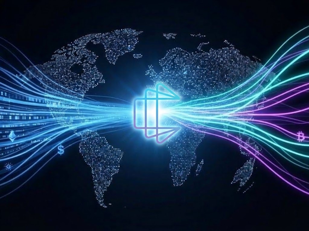Lichtströme mit Krypto- und Euro-Symbolen laufen über einer Weltkarte im walluta.PAY-Logo zusammen