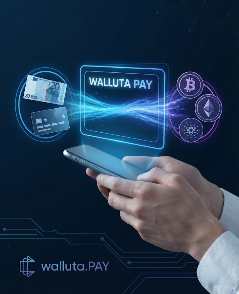 Hände halten ein Smartphone, darüber schweben Euro-Schein, Karte und Krypto-Symbole unter dem walluta.PAY-Schriftzug