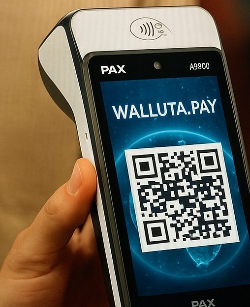 walluta.PAY-Kartenterminal in der Hand, im Display der Schriftzug WALLUTA.PAY und ein QR-Code zum Bezahlen