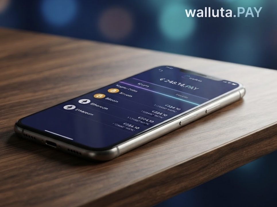Smartphone mit geöffneter walluta.PAY-App liegt auf einem Holztisch