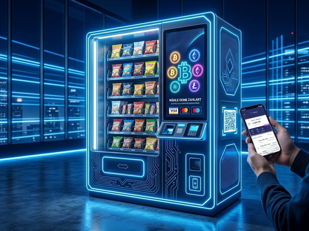 Snackautomat mit walluta.PAY QR-Code und Krypto-Symbolen im Display, ein Kunde bezahlt per Smartphone