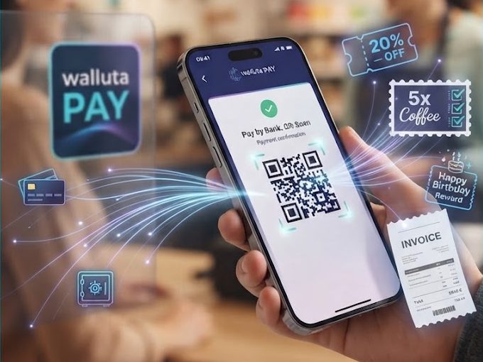 Smartphone mit walluta.PAY QR-Code, umgeben von digitalen Coupons wie 20 % Rabatt und Kaffee-Stempelkarte