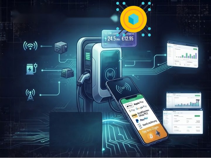 E-Ladesäule mit Display (kWh und Euro-Betrag), davor ein Smartphone mit Zahlarten von Apple Pay bis Pay with Crypto; links Symbole für Funk, Strom und Mobilfunk, rechts Auswertungen im Händlerportal