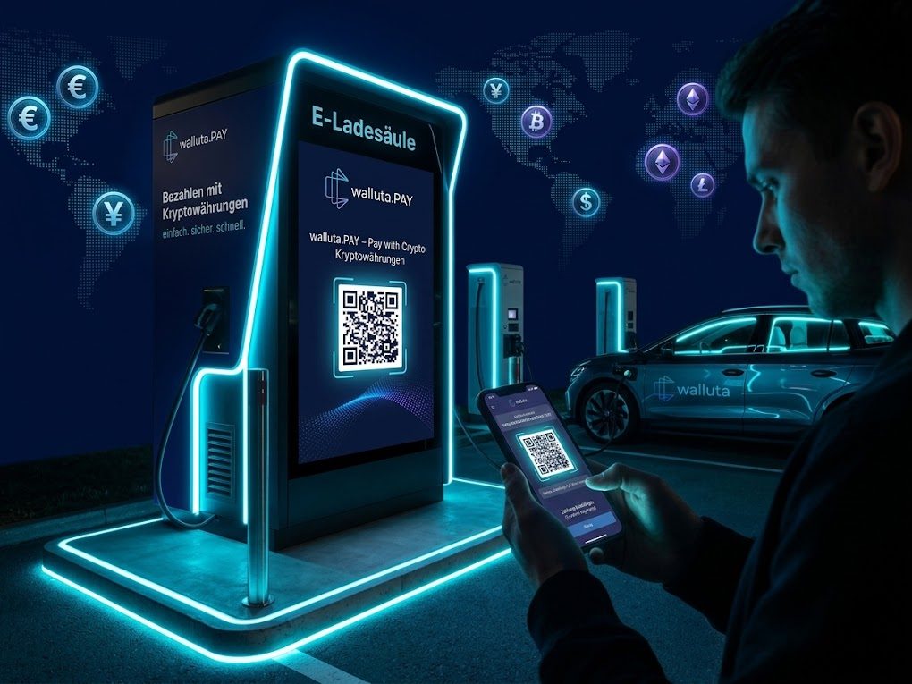 Fahrer bezahlt an einer E-Ladesäule per Smartphone über den walluta.PAY QR-Code