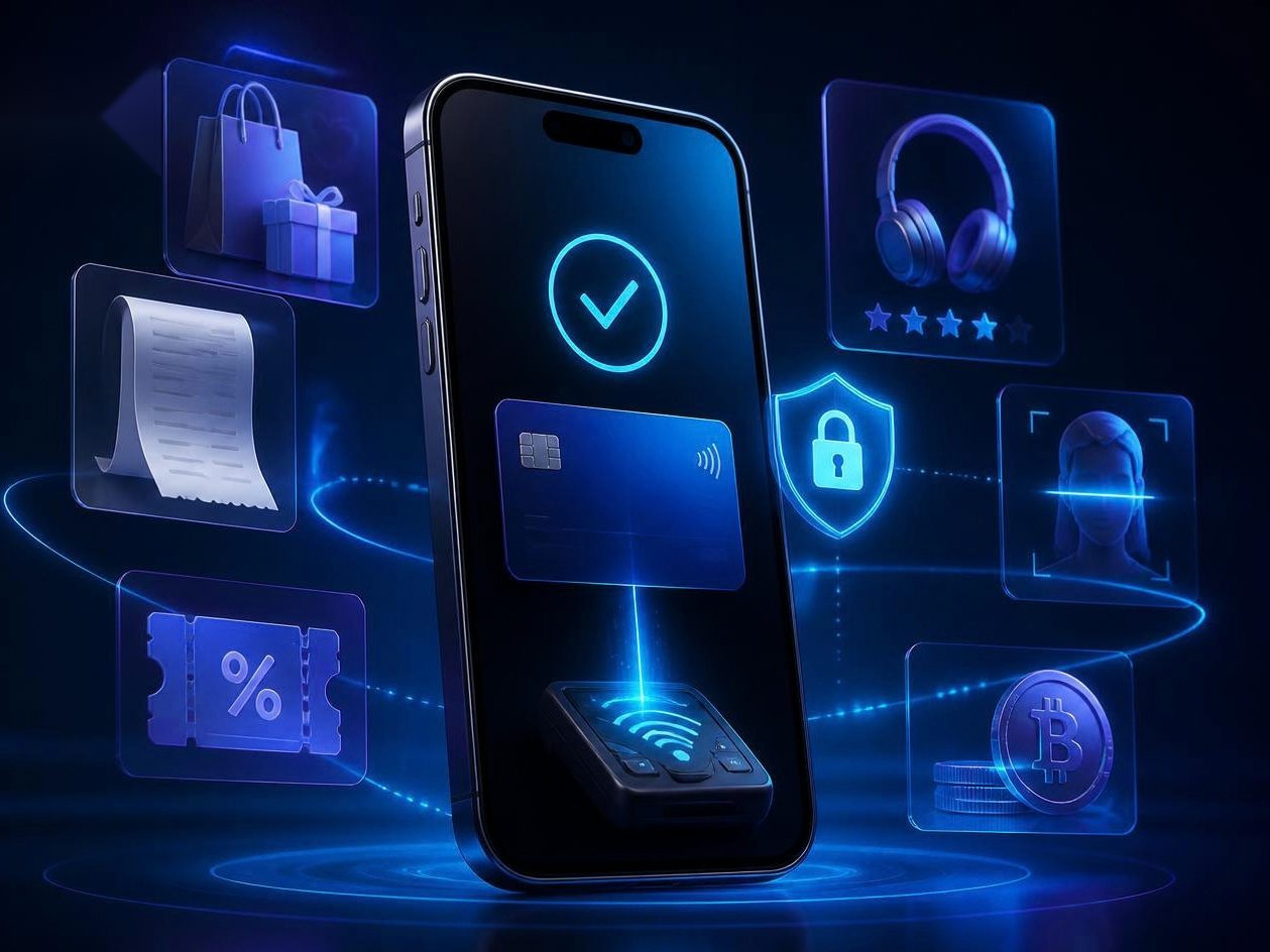 Smartphone with a confirmed card payment, surrounded by app icons for shopping, receipt, coupon, rating, security, face recognition and crypto
