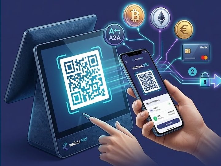 Kassendisplay mit walluta.PAY QR-Code, eine Hand bezahlt per Smartphone – per Bank, Karte oder Krypto