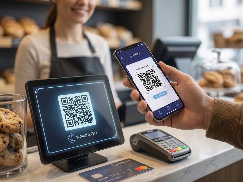 Bäckertheke: Kunde scannt mit dem Smartphone den walluta.PAY QR-Code im Kassendisplay