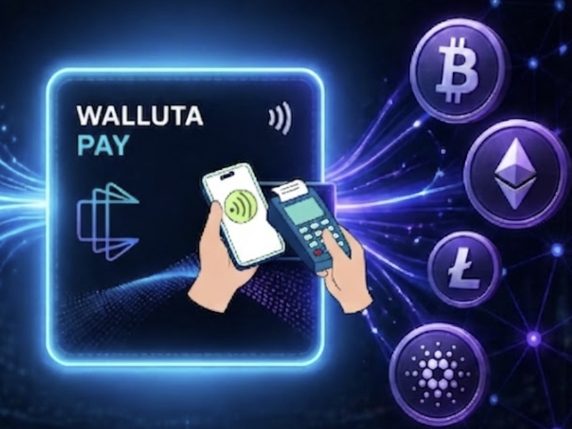 Smartphone wird an ein walluta.PAY-Kartenterminal gehalten, umgeben von Krypto-Symbolen