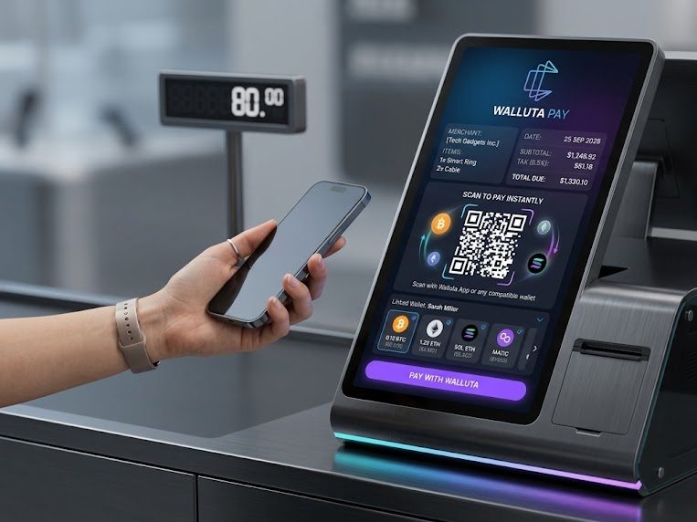 Kunde scannt den walluta.PAY QR-Code am Checkout-Display mit dem Smartphone