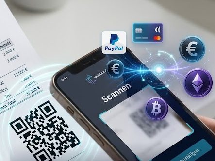 Nahaufnahme: Smartphone scannt den QR-Code einer Papierrechnung
