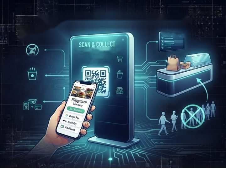 Kiosk-Säule mit „SCAN & COLLECT“ und QR-Code, eine Hand bestellt per Smartphone; rechts die Abholtheke mit Tüte, davor Menschen, die nicht mehr anstehen müssen