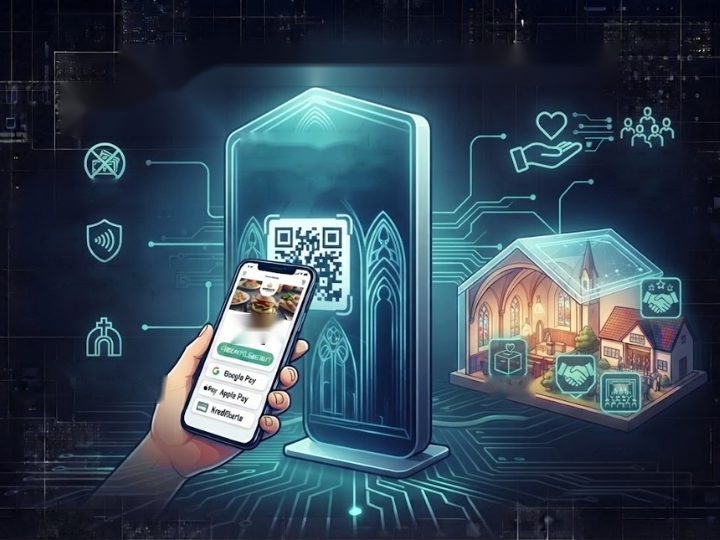 Spenden-Säule mit QR-Code im Stil eines Kirchenfensters, eine Hand scannt ihn per Smartphone; rechts eine Kirche und ein Vereinshaus mit Symbolen für Spendenbox, Gemeinschaft und Veranstaltung