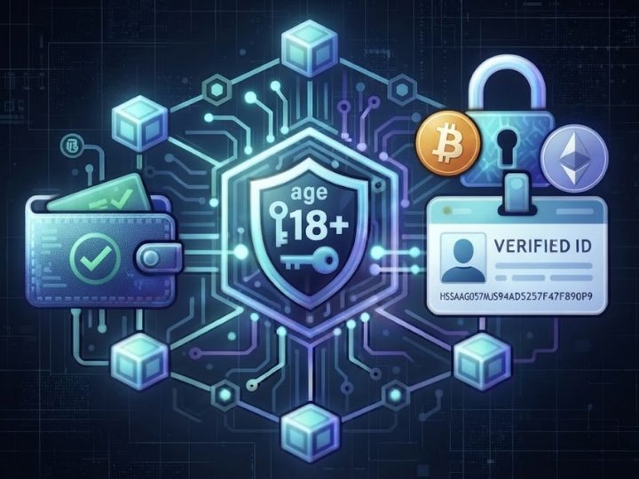 Shield with “18+” and a key at the centre of a network, next to a wallet with a tick, a verified ID card and crypto coins