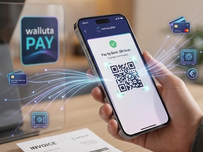 Smartphone zeigt den Pay-by-Bank-QR-Code von walluta.PAY