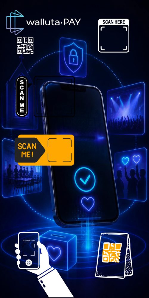 Collage: Smartphone mit Zahlungsbestätigung, umgeben von QR-Code-Aufklebern („Scan me“, „Scan here“), einem Tischaufsteller, einer Hand mit Smartphone und Einsatzorten wie Kirche, Konzert, Vereinsraum und Spendenbox