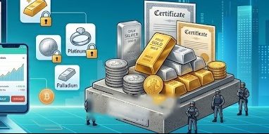 Gold- und Silberbarren, Münzen und Zertifikate auf einem bewachten Tresorsockel, daneben Symbole für Gold, Silber, Platin und Palladium