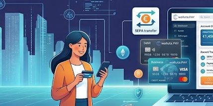 Frau bezahlt mit Karte und Smartphone, daneben eine Debit- und eine Business-Karte von walluta.PAY mit Visa- und Mastercard-Logo