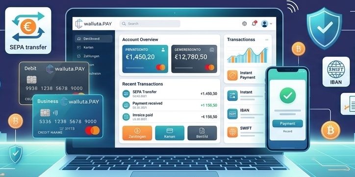 Laptop mit Kontoübersicht für Privat- und Geschäftskonto, daneben Debit- und Business-Karte, Smartphone mit bestätigter Zahlung sowie Symbole für SEPA-Überweisung, IBAN und SWIFT