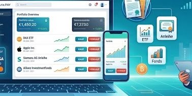 Laptop und Smartphone zeigen ein Depot mit ETF, Aktie, Anleihe und Investmentfonds samt Kauf- und Verkauf-Schaltflächen, daneben Symbole für ETF, Anleihe und Fonds